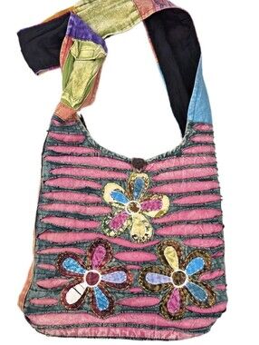 60s Retro Boho Hippie Applique Croassbody Bag Zip Button Closure Pockets Sku770